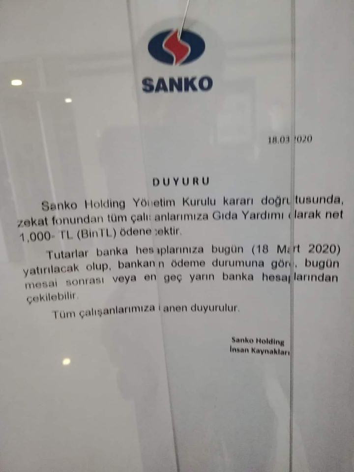 SANKO ÇALIŞANLARINA 1000’ER TL DESTEK