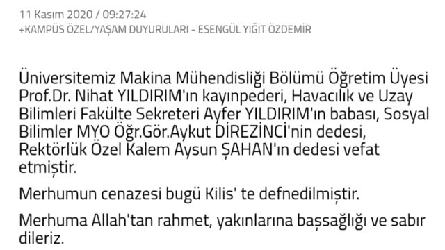 Gaziantep Üniversitesi'Ndeki Vefat Ilanı Akraba Ilişkilerini Ortaya Çıkardı