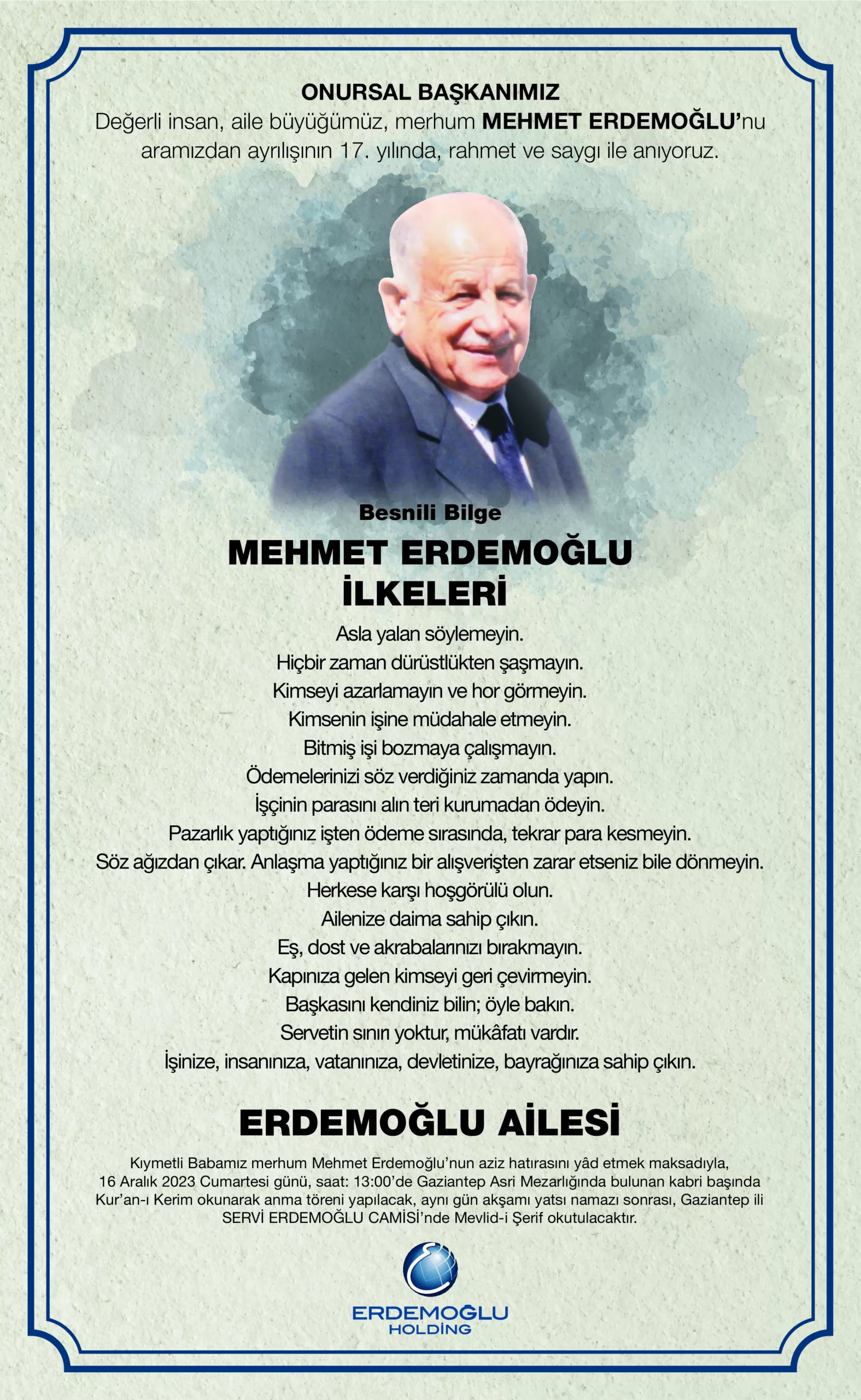 MERHUM MEHMET ERDEMOĞLU VEFATININ 17. YILINDA ANILACAK