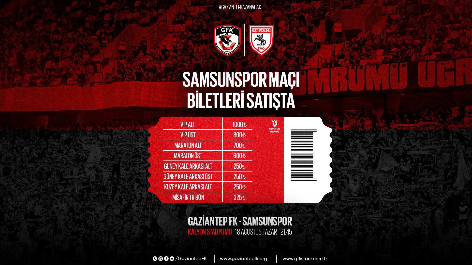 Gaziantep FK - Samsunspor maçının biletleri satışta